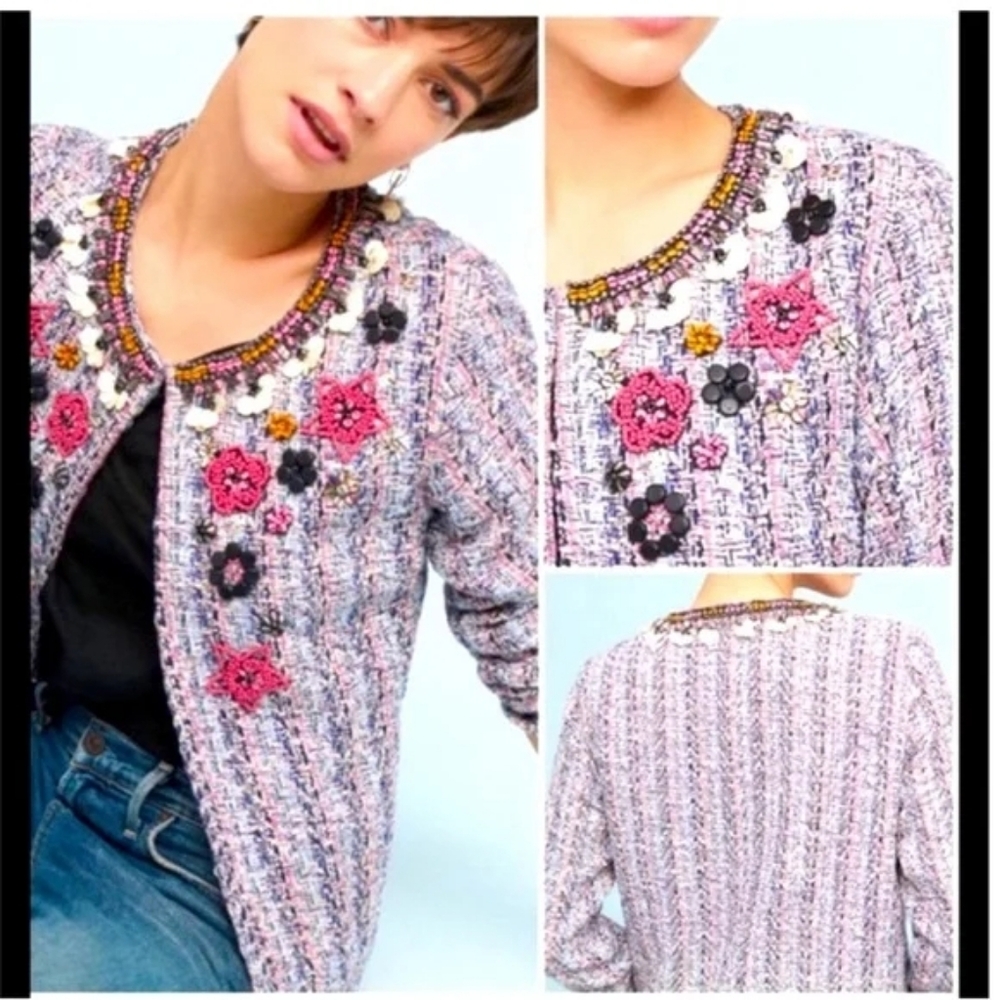 Summer Of Love Anthropologie Suzy Beaded Tweed Textured Cardigan Sweater In SP